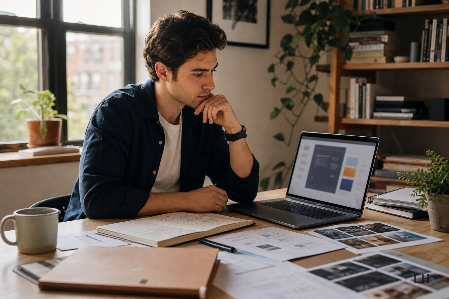 A person comparing an AI app on a laptop with project notes and printed materials on a desk.
