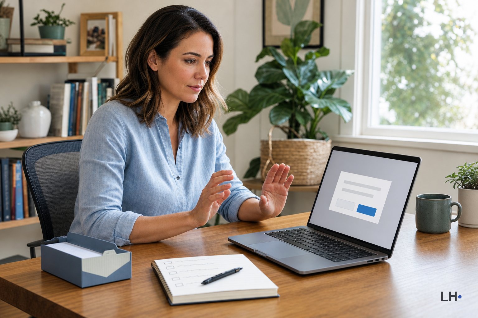 A woman pauses with her hands raised while reviewing an approval dialog on a laptop in a home workspace.