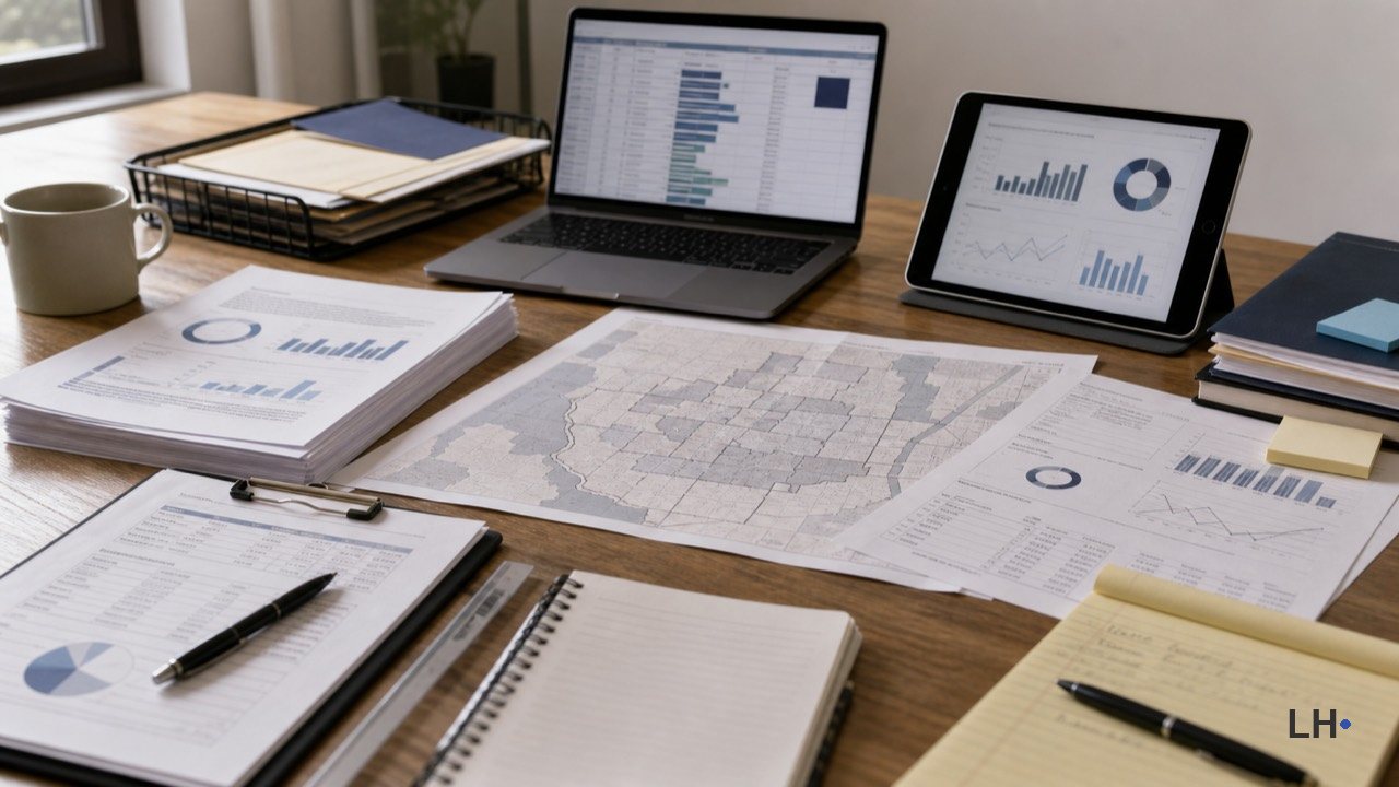 Desk with laptops, papers, charts, and a printed map.