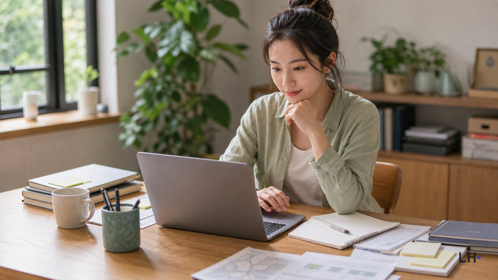 A woman working at a computer beside organized notes and folders in a home workspace.