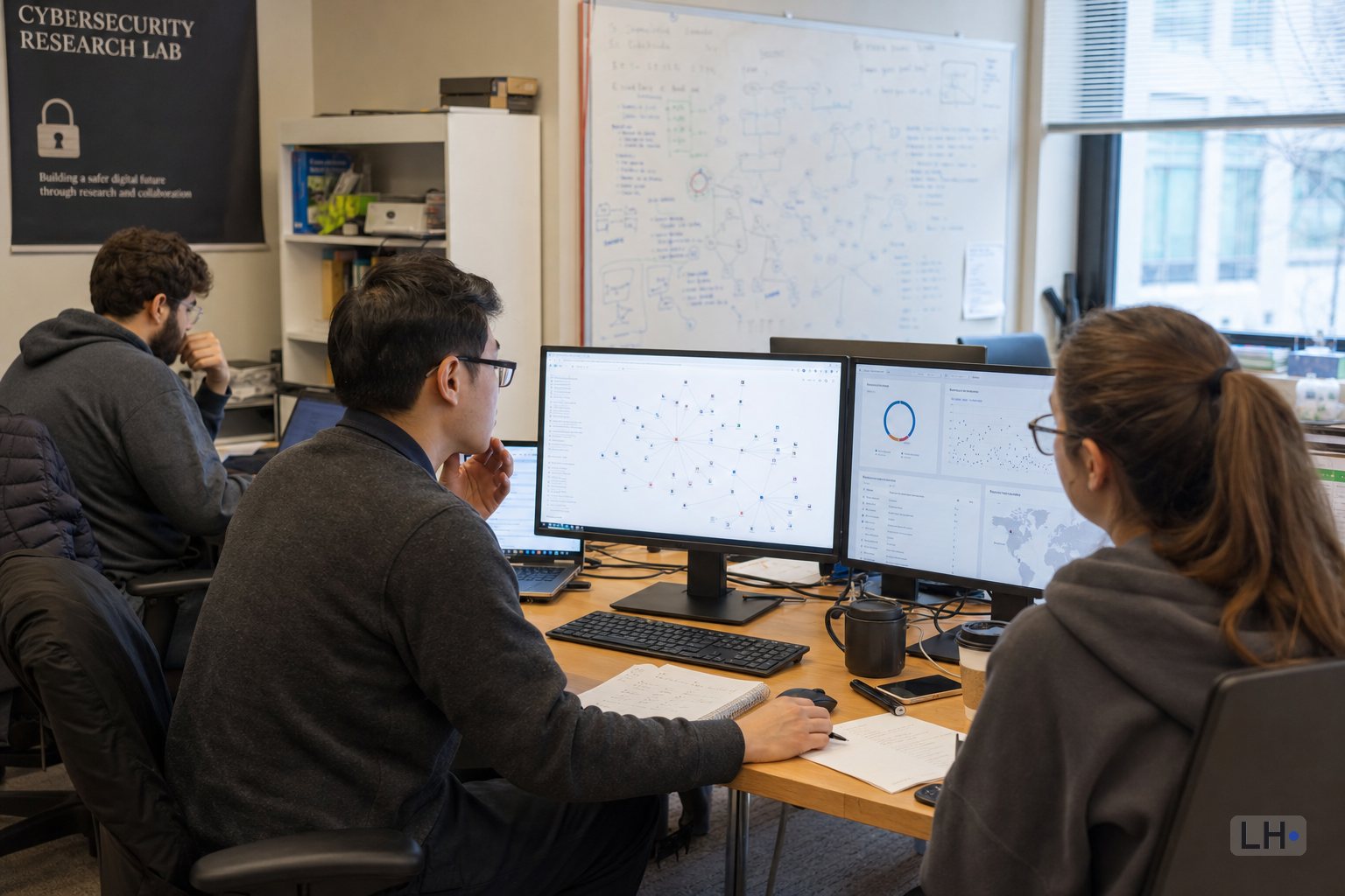People reviewing computer monitors in a lab-style office.