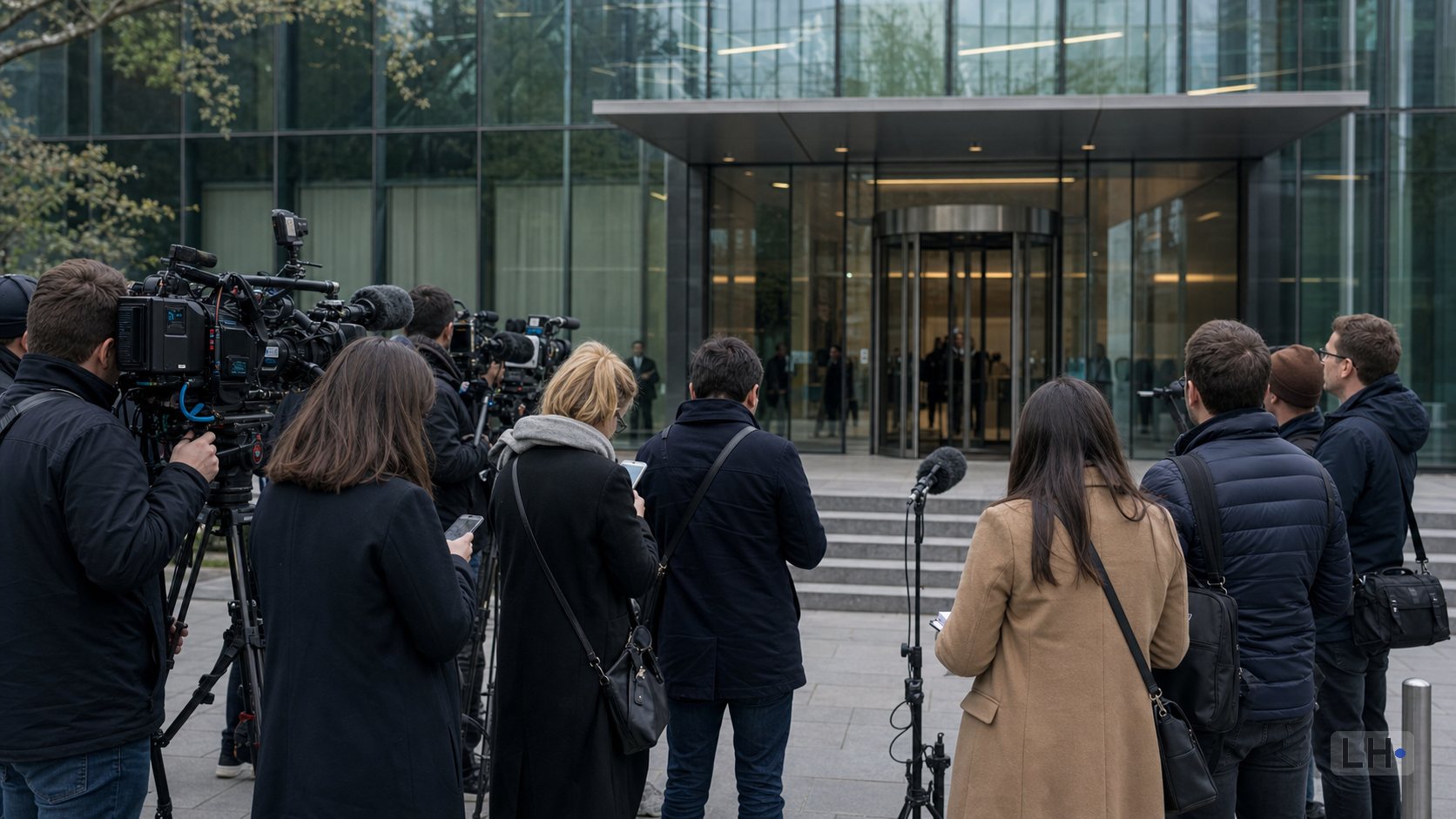 Press photographers gathered outside a modern office building.