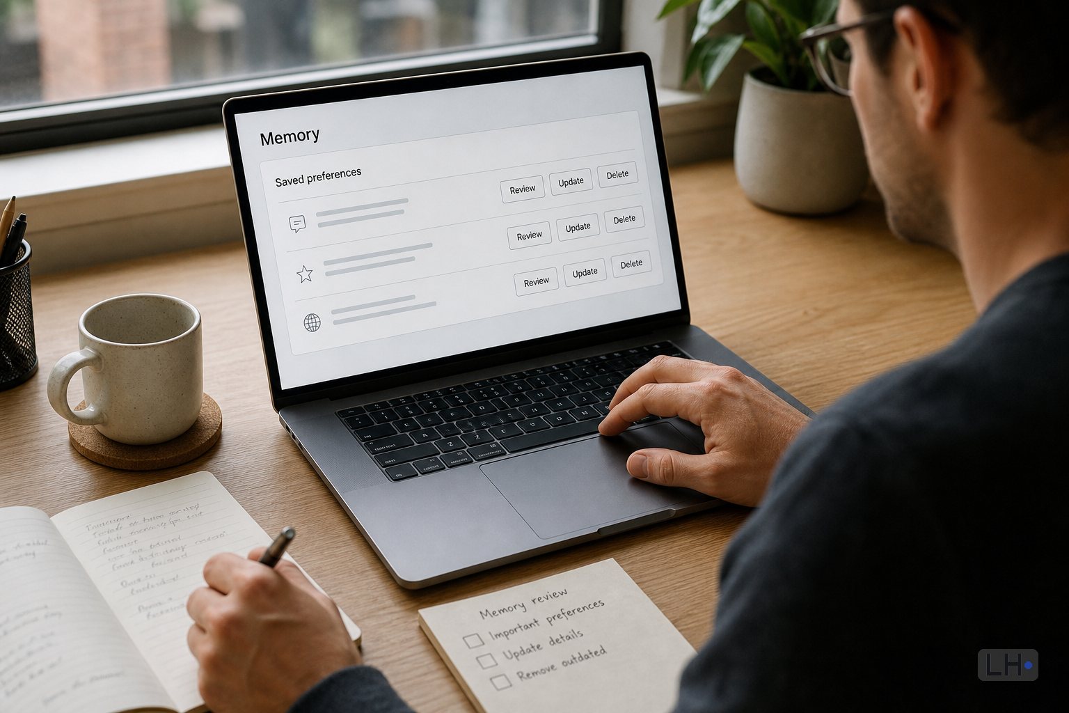 Person using a laptop with a settings-style page open.
