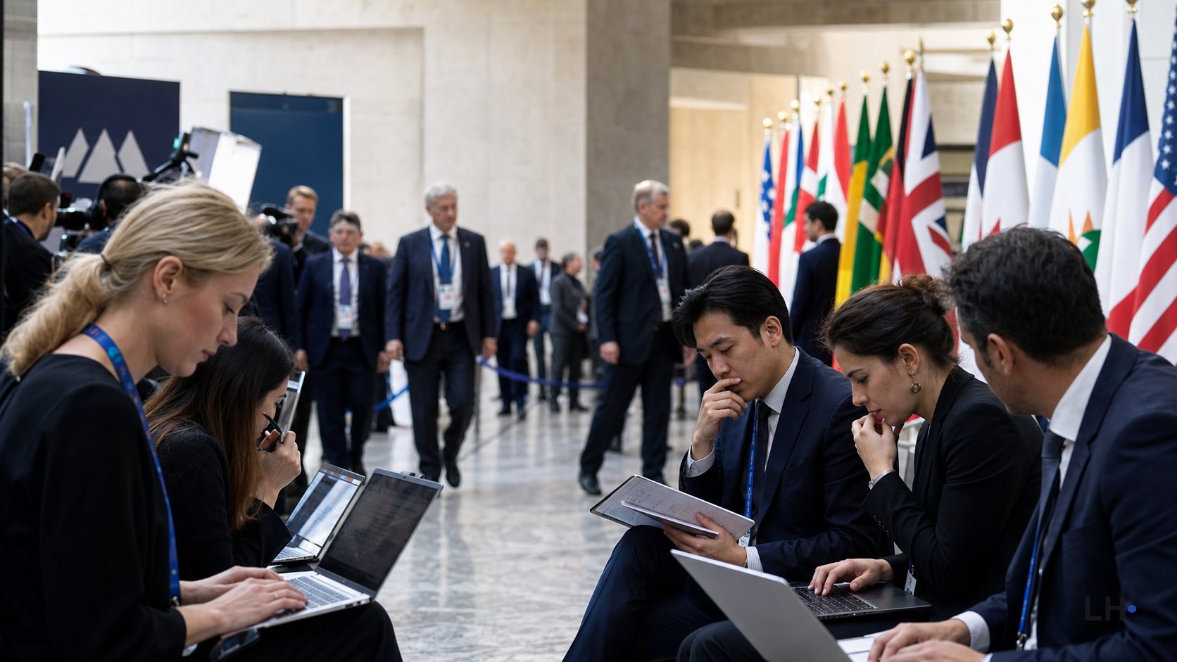 People seated at conference tables with flags in the background.