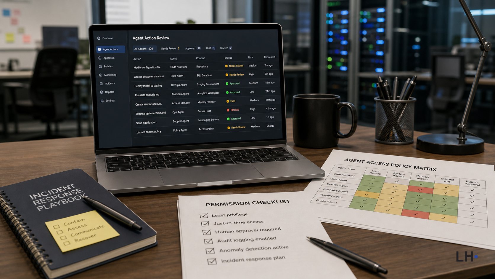 Laptop on a desk beside printed notes and charts.