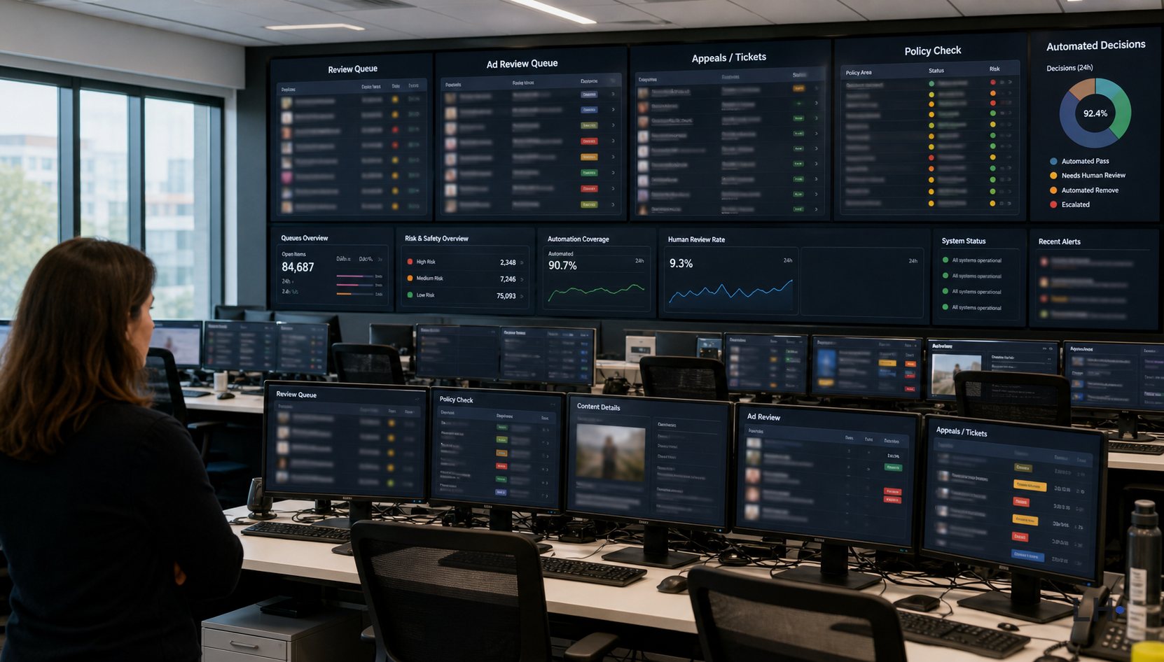 Person looking at a wall of moderation dashboard screens.