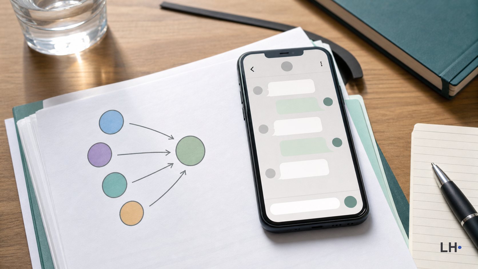 Smartphone beside a printed node diagram and notebook.