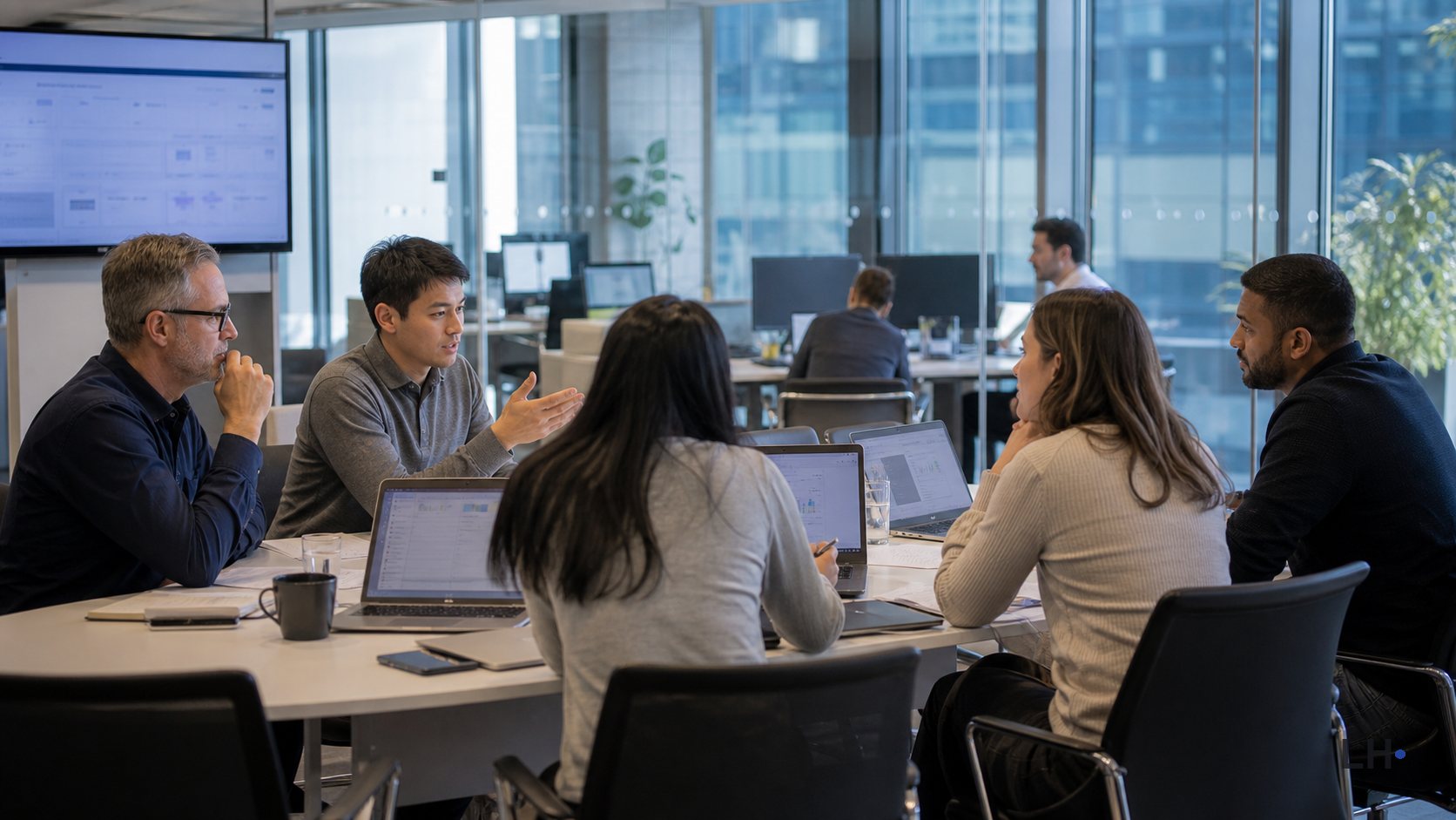 Office workers meeting around a table with laptops.