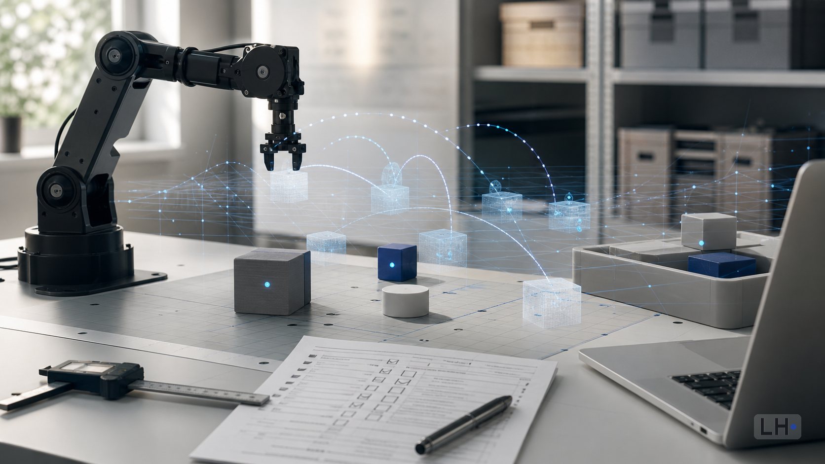 Editorial image of a physical AI simulation workbench with motion paths, sensor dots, and validation notes.