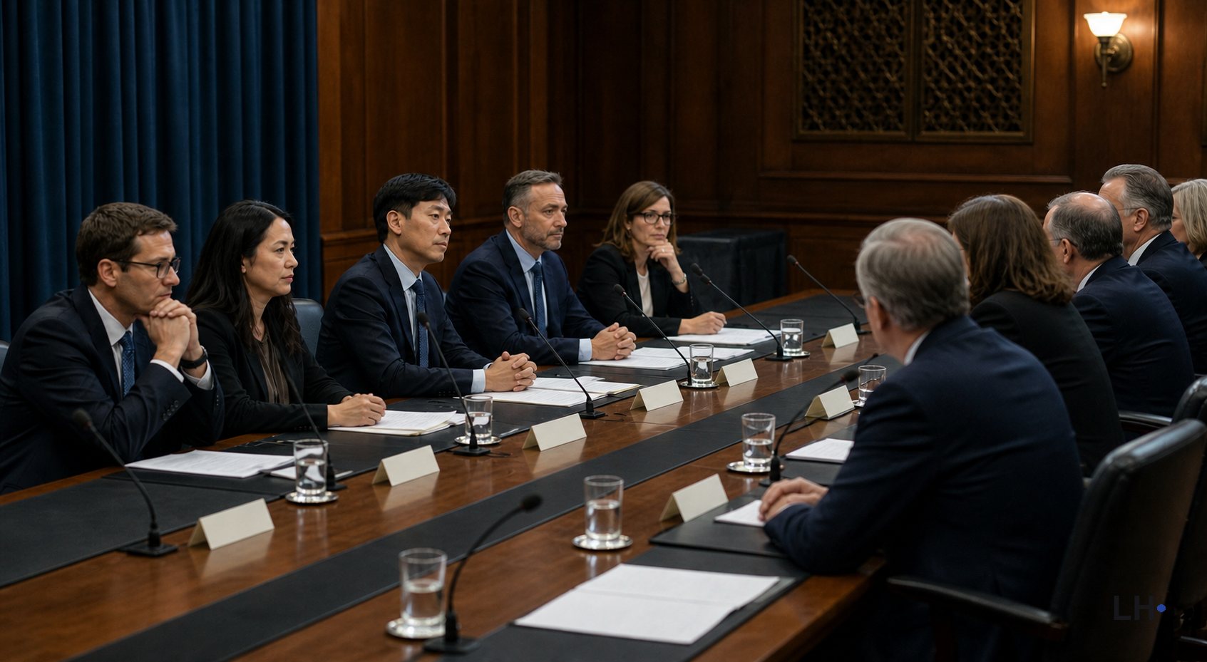 People seated around a long table in a formal briefing room.
