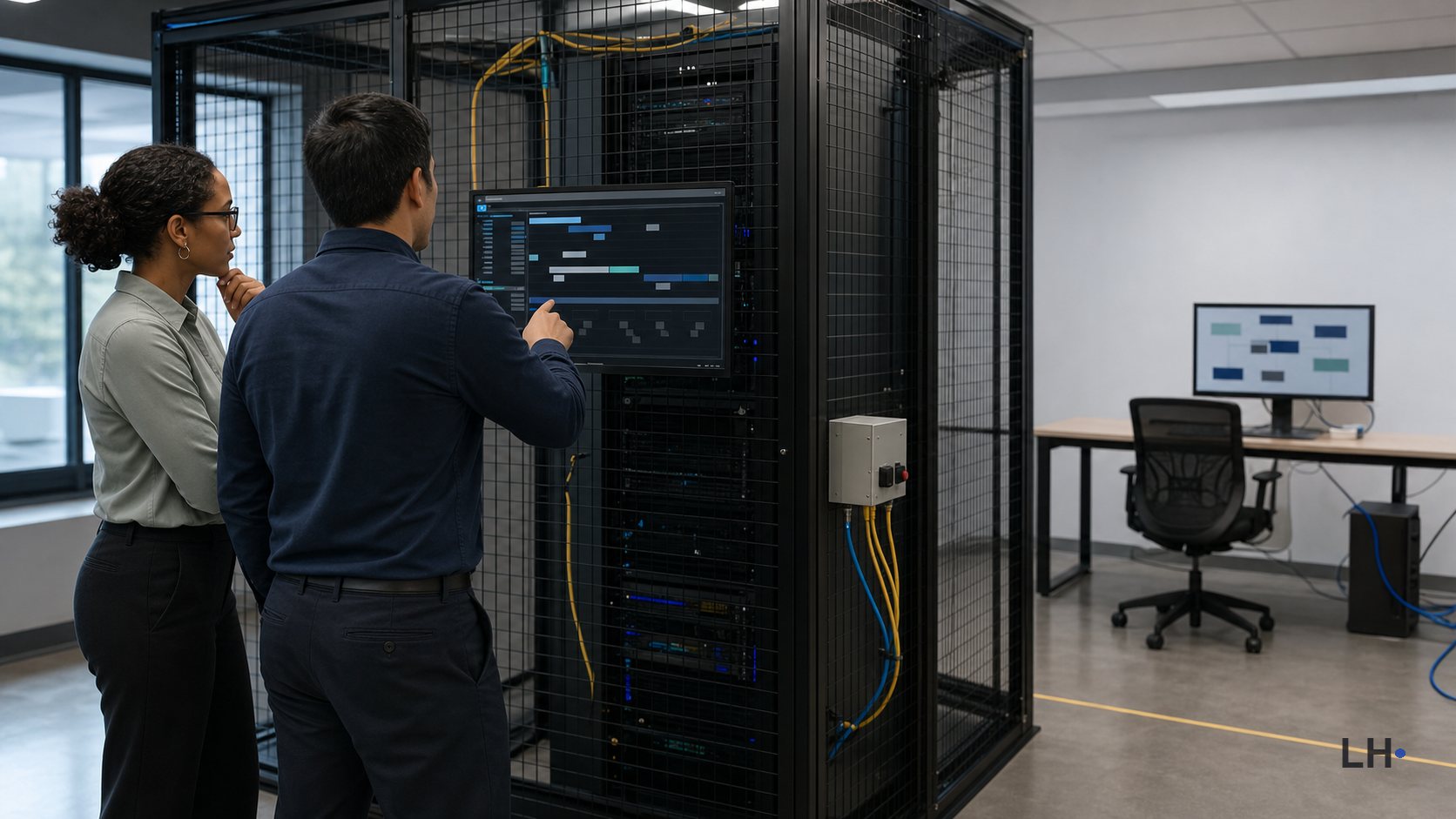 Two people review an abstract incident timeline beside an enclosed server rack and a separate test workstation.