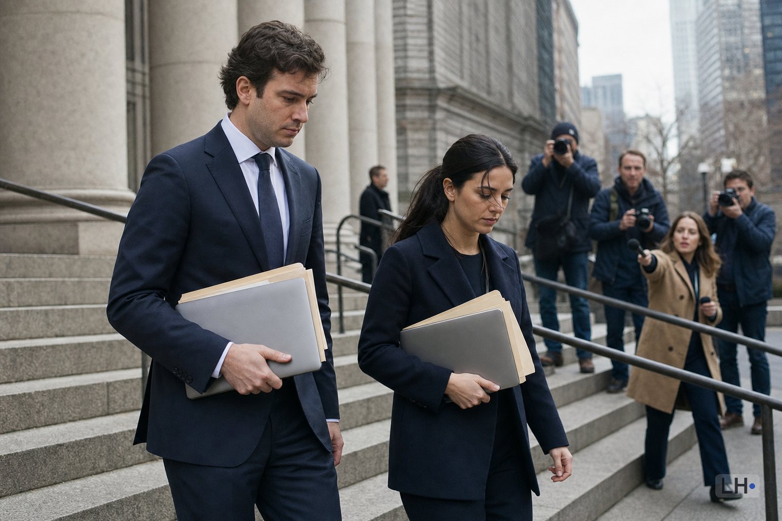 Two people in dark suits carry folders and closed laptops down courthouse steps as reporters photograph them.