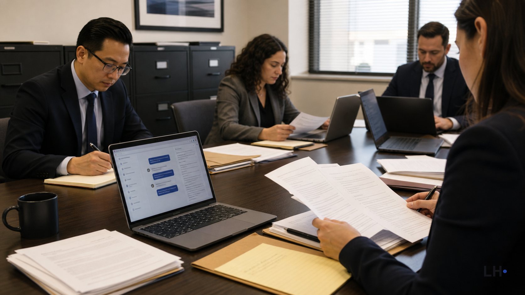 People in a meeting room reviewing papers beside a laptop.