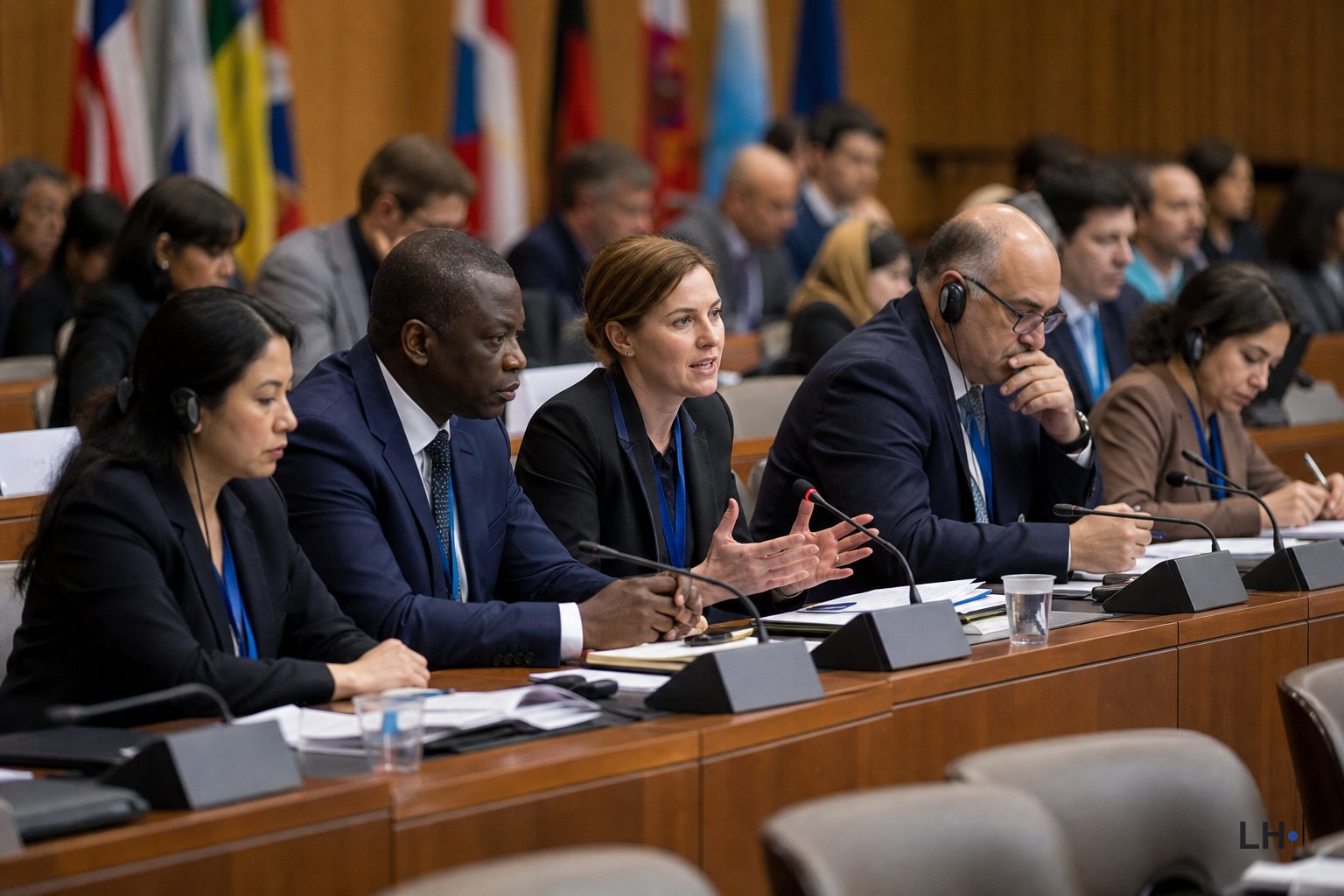 Delegates sit at a conference table with microphones, headsets, papers, and flags behind them.