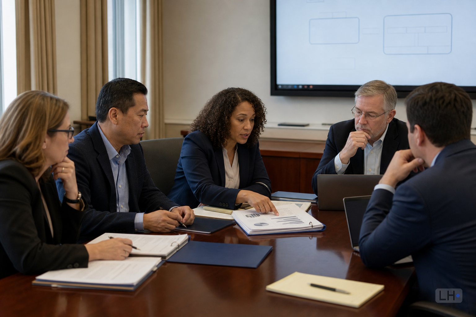 People seated around a conference table with a wall display.