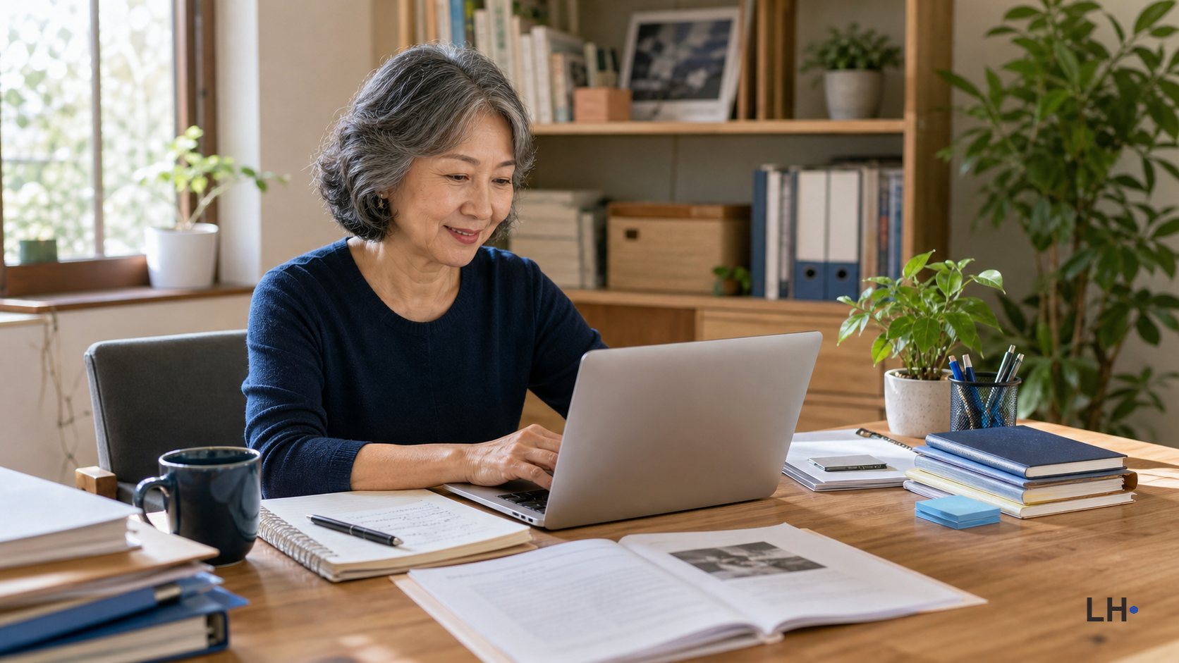 An older woman using a laptop with notes and organized documents in a home workspace.