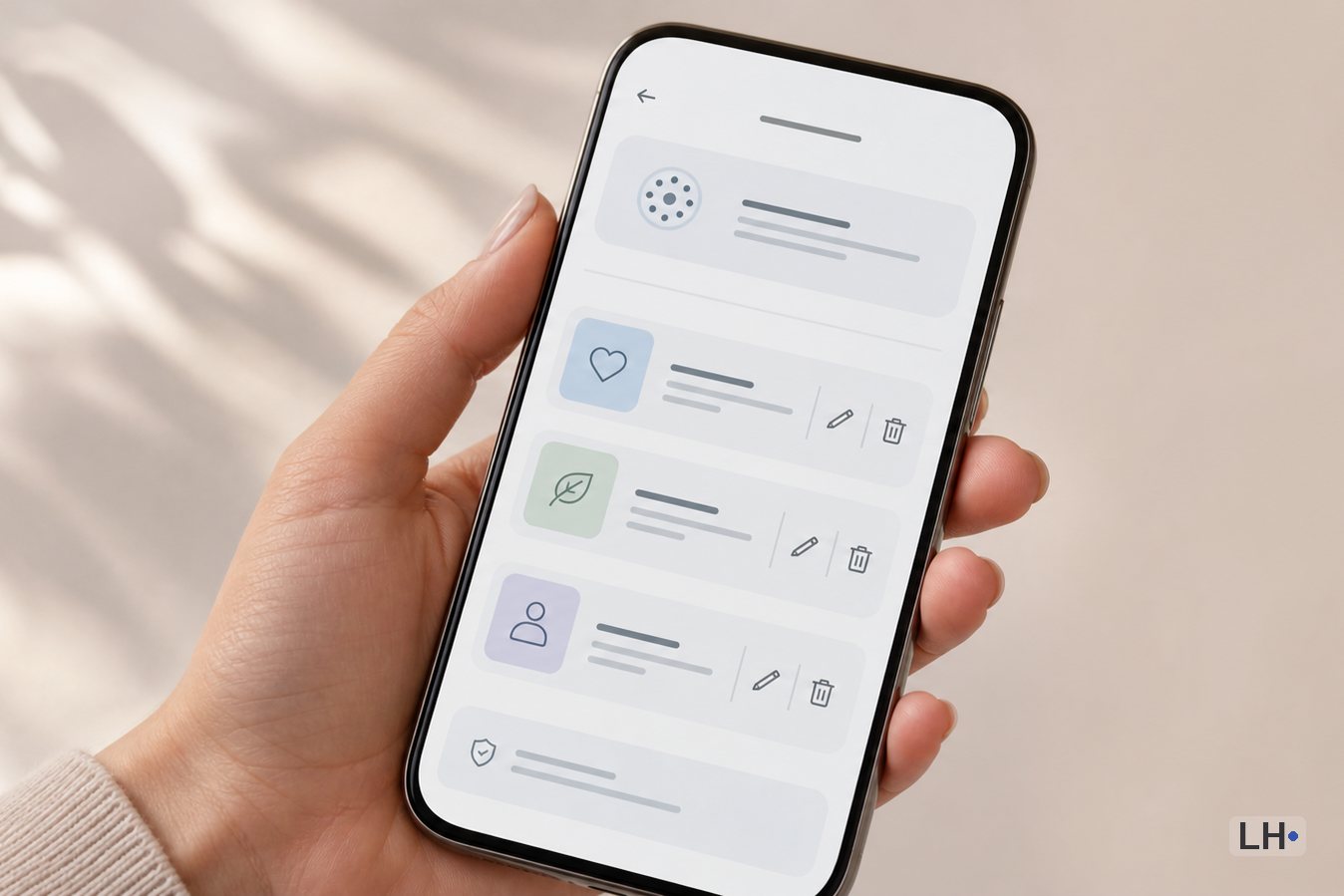 A hand holding a smartphone that shows preference cards with edit and delete controls.