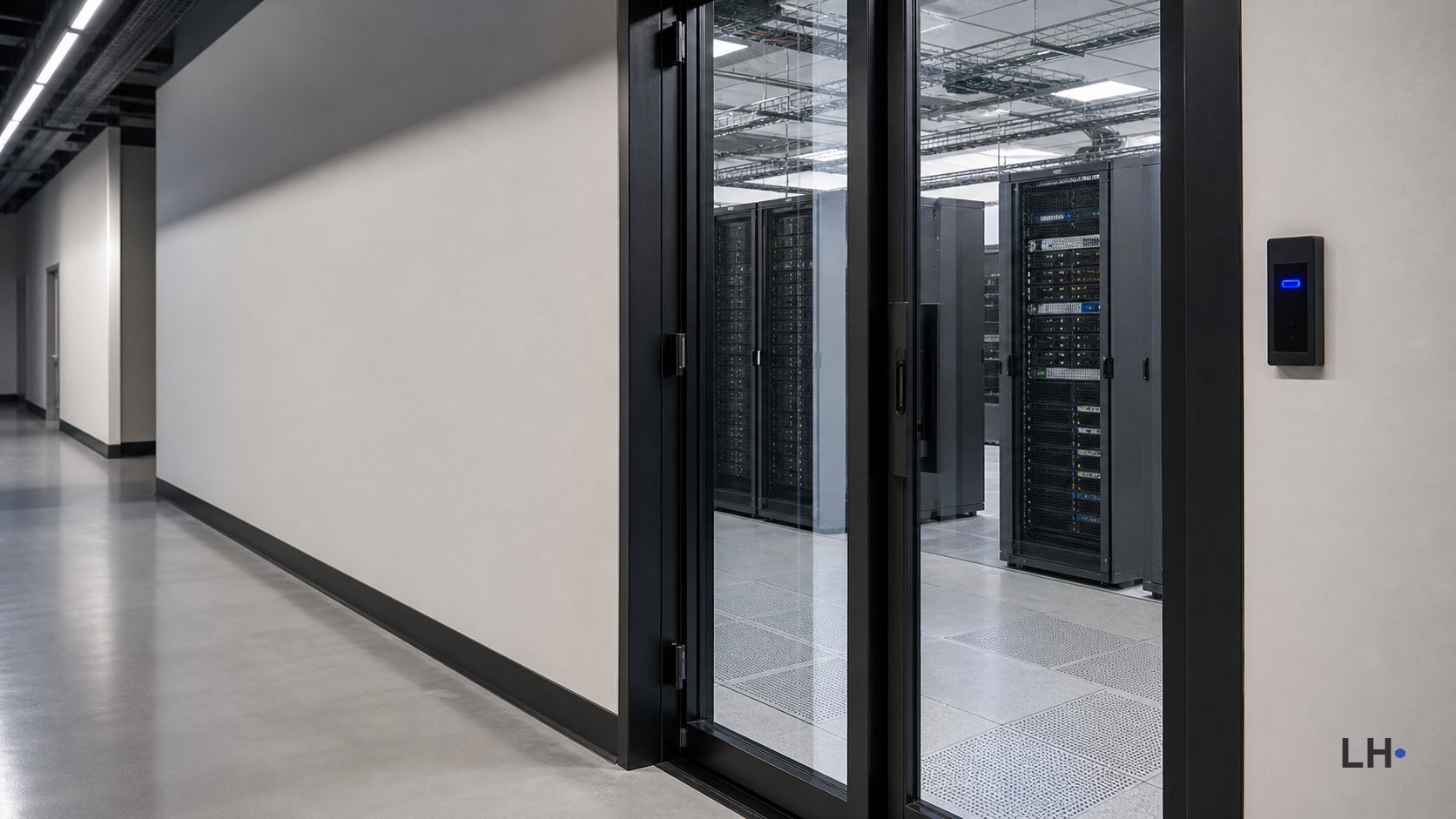 Data center corridor with server racks and a glass access door.